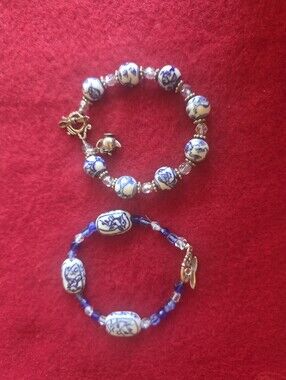 Handcrafted Blue and White Porcelain Bead Bracelet Set - Women Jewelry